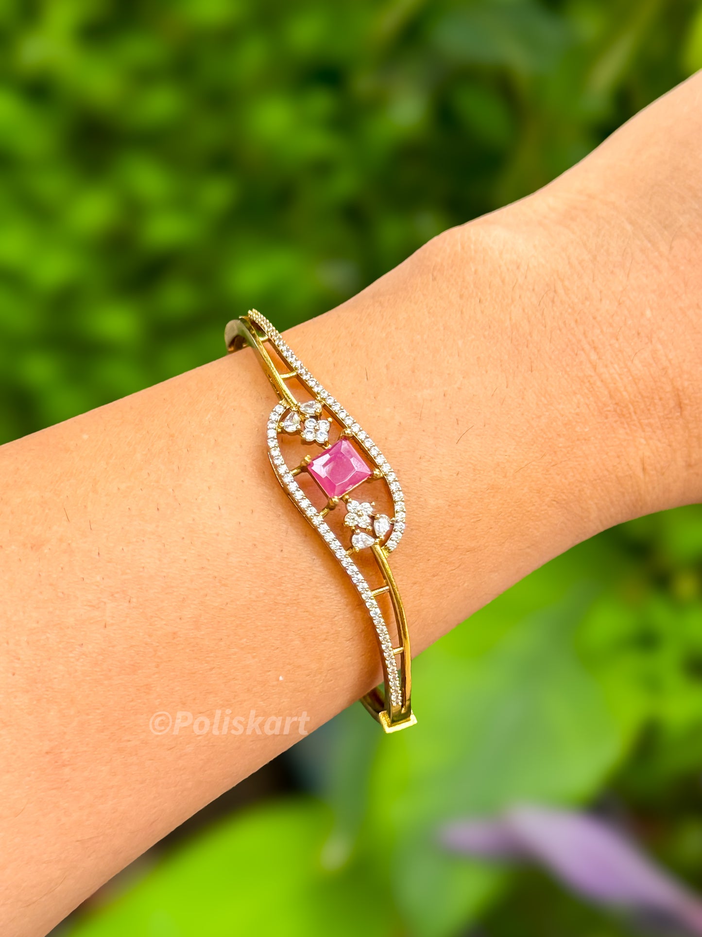 PK061 - Free size Bracelet bangle - Ruby and white Stone worked design