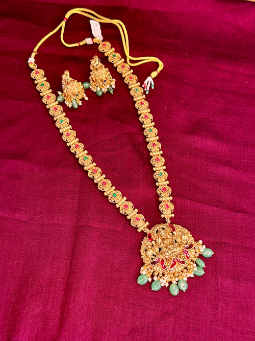 Antique Lakshmi Harram with Green Raindrop Design & Jhumka