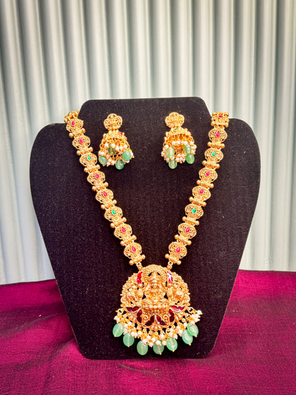 Antique Lakshmi Harram with Green Raindrop Design & Jhumka