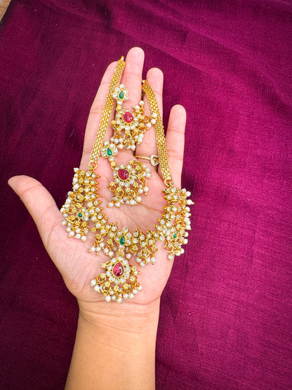 Stone Worked Necklace with White Pearl Detailing and Earring