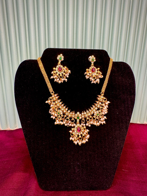 Stone Worked Necklace with White Pearl Detailing and Earring