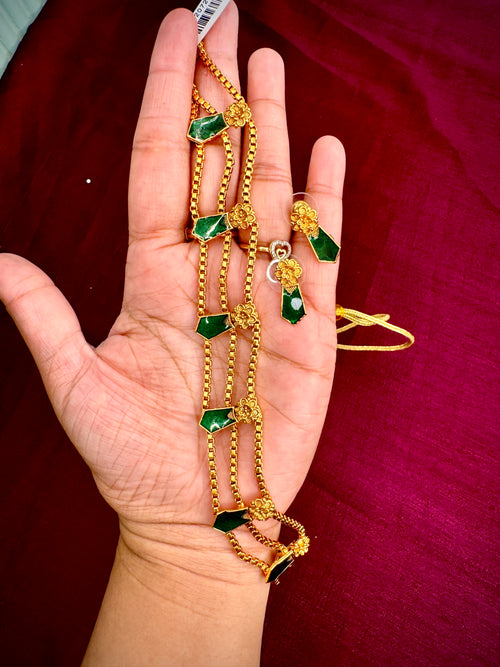 Three Layer Choker with Green Stone and Earring