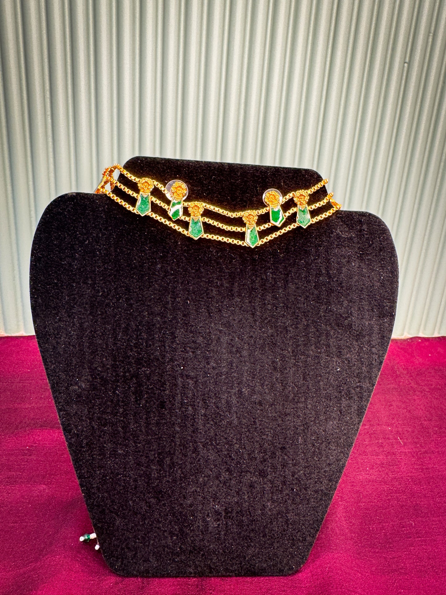 Three Layer Choker with Green Stone and Earring