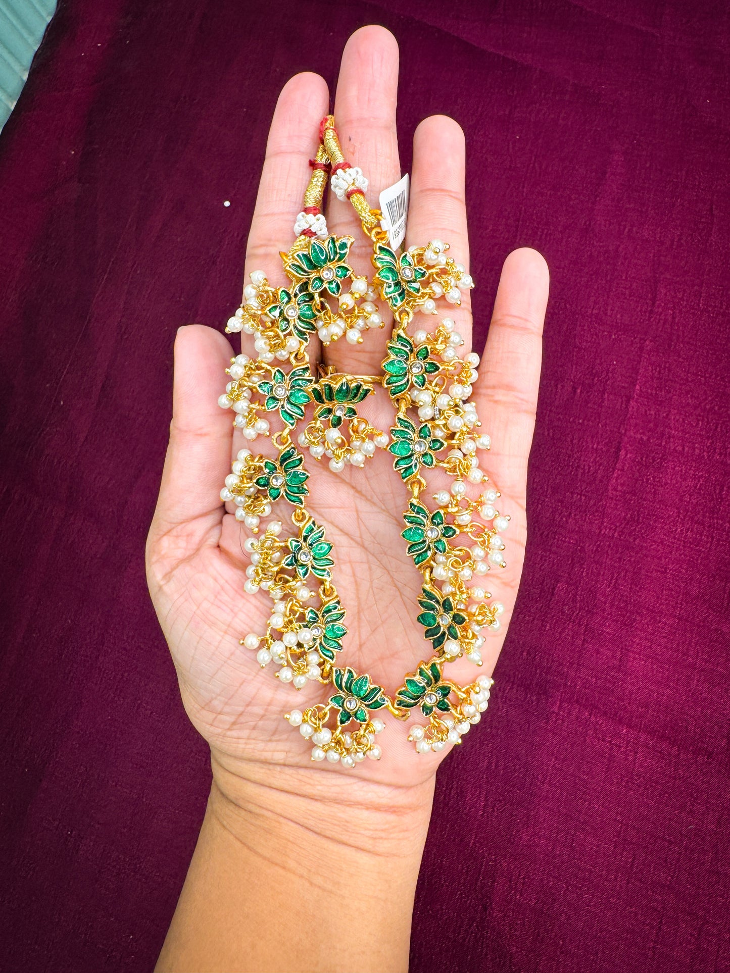 Green Lotus Necklace with Pearl Detailing and Earring