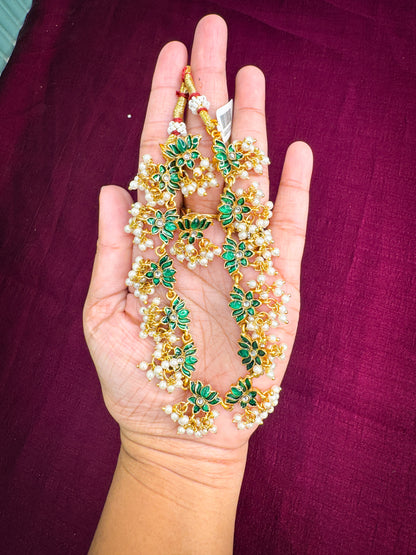 Green Lotus Necklace with Pearl Detailing and Earring