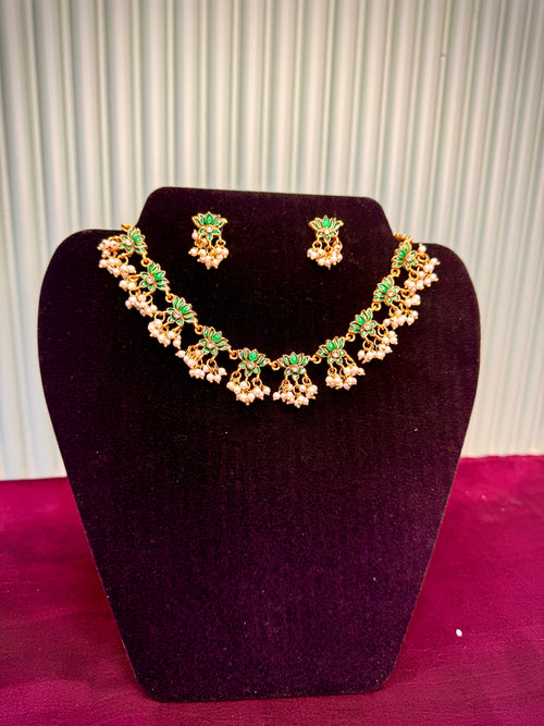 Green Lotus Necklace with Pearl Detailing and Earring