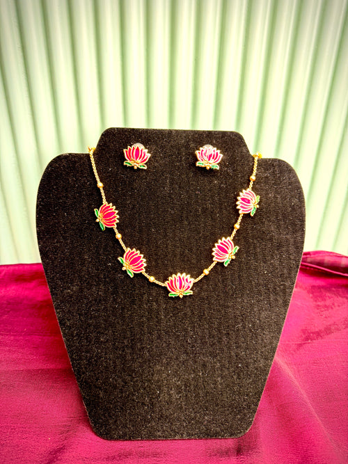 Trending Lotus Necklace Purple with Earring