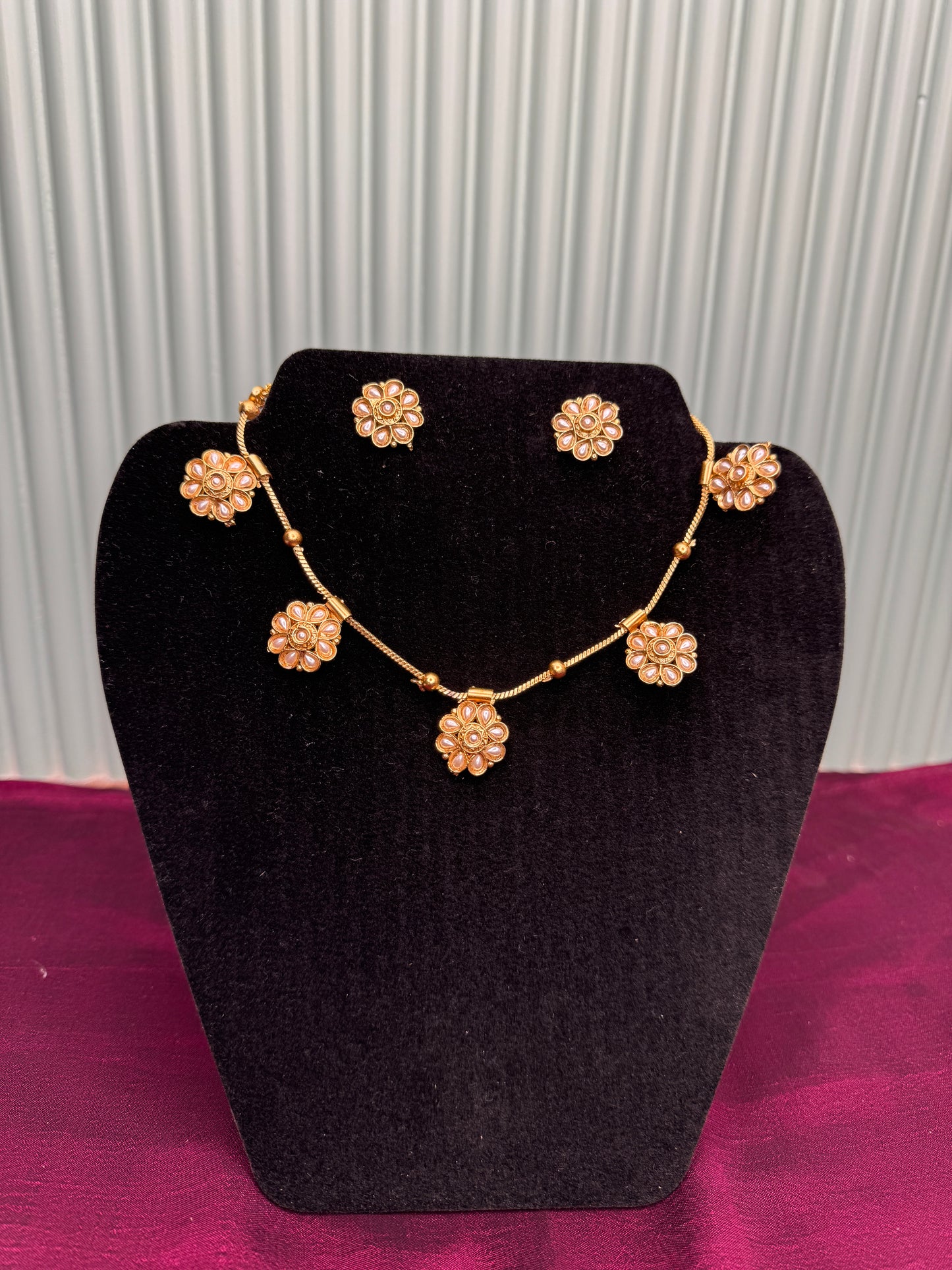 White Pearl Worked Necklace Set with Earring