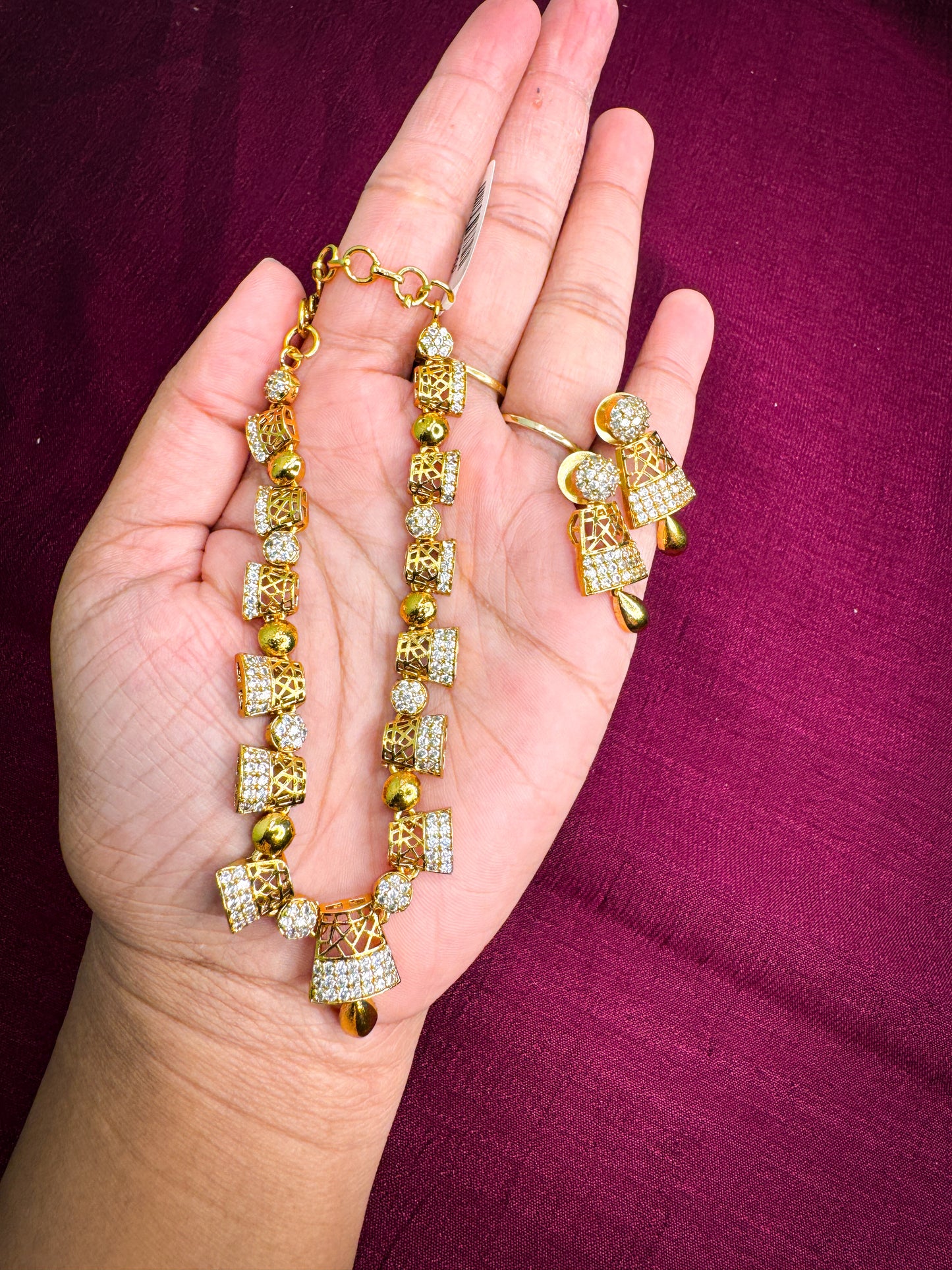 Diamond Finished White Stone Necklace with Earring
