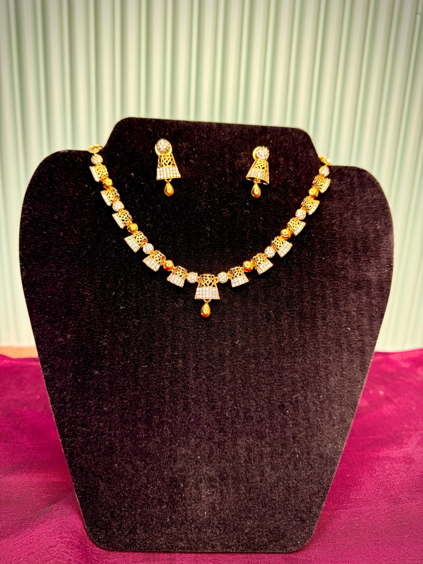 Diamond Finished White Stone Necklace with Earring