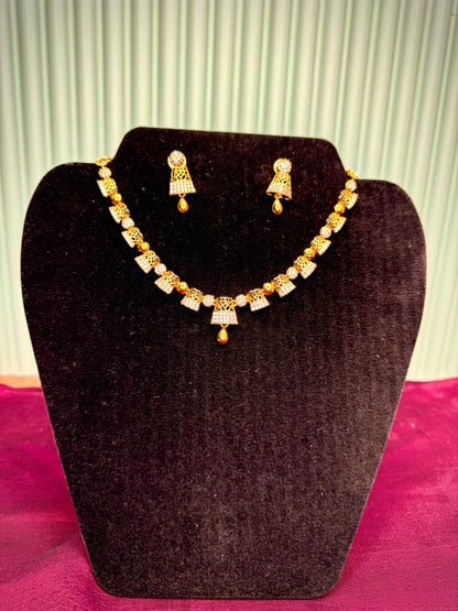 Diamond Finished White Stone Necklace with Earring
