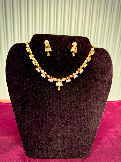 Diamond Finished White Stone Necklace with Earring